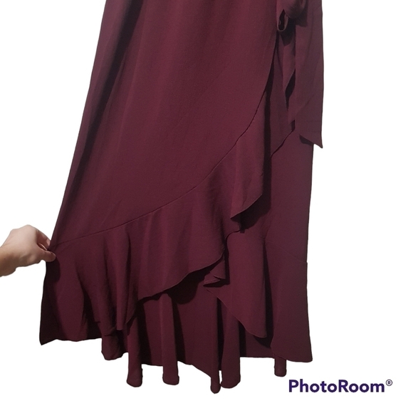 Ax Paris Plum Frill Faux Wrap Belted High Low Sleeveless Maxi Dress - Picture 4 of 15